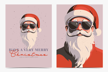 Set of funny Christmas greeting cards, postcards, invitations with cool hipster Santa Claus wearing purple sunglasses, light purple background, vintage style, vector illustration