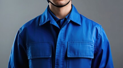 Close-up of a man in blue uniform with collar and pockets for uniform design mockup concept