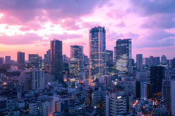 Naklejka premium Transcendent Pink Sunset over a Modern City Skyline – Serene Urban Landscape Photography