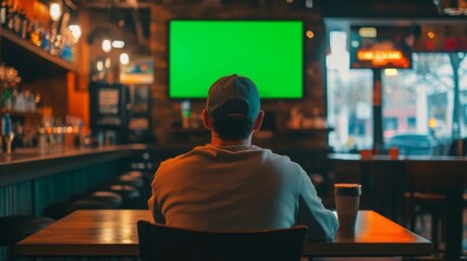 person from behind watching tv with green screen in a bar