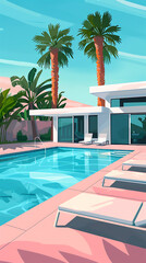 Fototapeta premium retro la swimming pool, simple, colorful illustration of a pool with lounges, la house, palms s summer vibes, clear blue water, hot day
