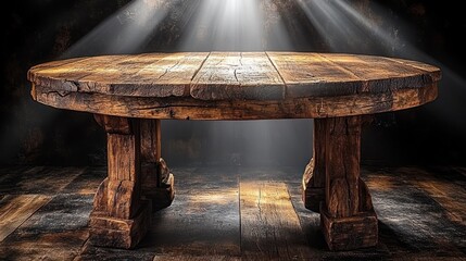 Fototapeta premium Rustic wooden table with dramatic lighting.
