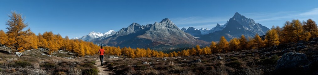 A hiker walks through a vibrant autumn landscape with mountains in the background.