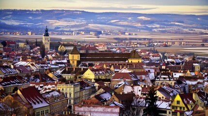 Fototapeta premium Aerial view of a European town in the winter with snow on the rooftops and a beautiful mountain backdrop. Concept of winter travel, vacation, and European architecture.