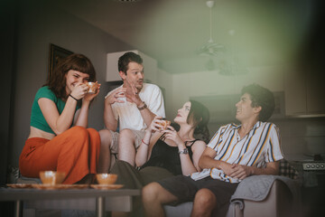 A vibrant group of young friends sit comfortably on a sofa, sharing laughter and coffee. The...