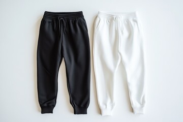 Black and white jogger pants with drawstring details displayed side by side