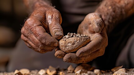 Close-up of weathered hands carefully holding a stone with small pebbles, showcasing craftsmanship and attention to detail.