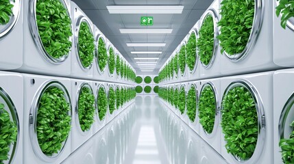 Fototapeta premium Eco-conscious hostel laundry, energy-saving machines, eco-wash posters