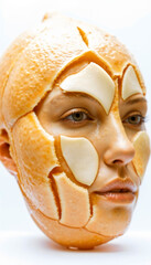 Artistic representation of a woman's face resembling a peeled orange, blending beauty with surrealism for a bold visual statement.