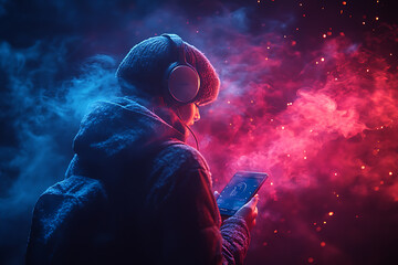 A person with headphones using a music streaming app on their smartphone, with vibrant sound waves in the background, symbolizing a digital music subscription service.
