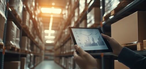 Person analyzing data on tablet device in a modern warehouse, surrounded by shelves of boxes.
