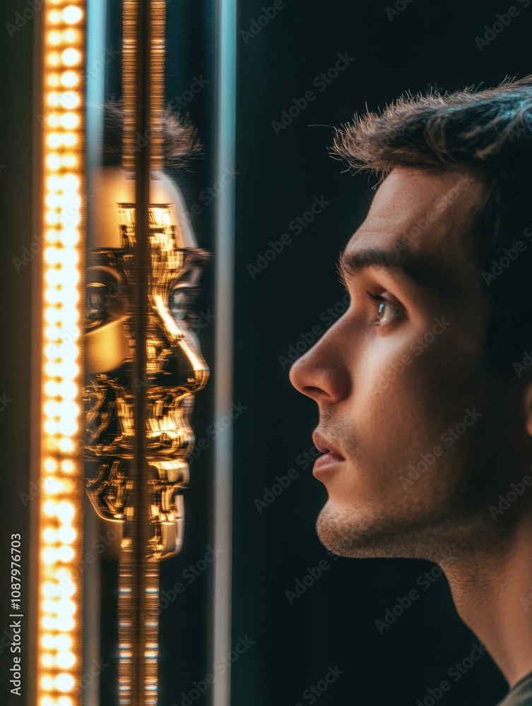 Poster a human stands captivated by a digital mirror, seeing a robotic reflection in a high-tech environmen