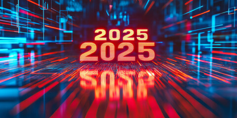 Futuristic digital display with glowing numbers 2025