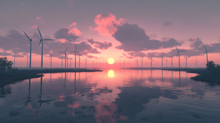 Tranquil Sunset Over Wind Turbines Reflecting in Serene Waters with Transcendent Pink Hues