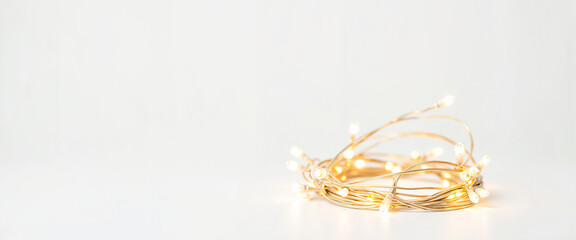 Glowing fairy lights on white background, festive ambiance