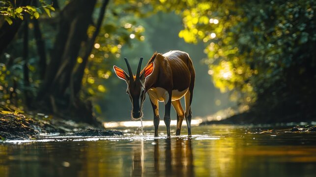 A Sitatunga Antelope Drinking From a Stream
