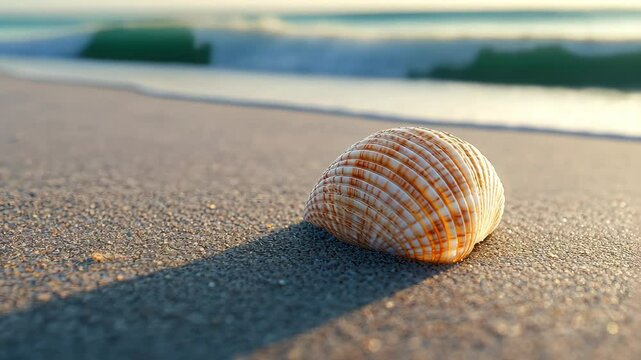 A small shell is laying on the sand at the beach. The shell is white and tan, and it is the only object visible in the image. The beach is calm and peaceful, with the ocean in the background