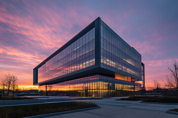 Obraz premium Transcendent Pink Sunset Over Modern Architecture: Serene Evening Illumination