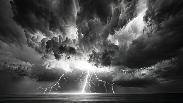 A stormy sky with a lightning bolt and a skull. Scene is dark and ominous