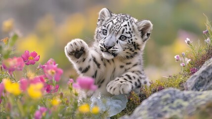 Obraz premium Adorable Snow Leopard Cub in a Field of Flowers