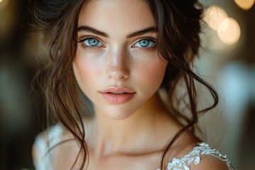 Beautiful bride in her wedding gown, smiling softly with a serene expression on her special day