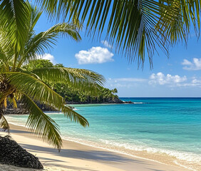 Beautiful beach with palm trees and turquoise sea on the island of Jamaica