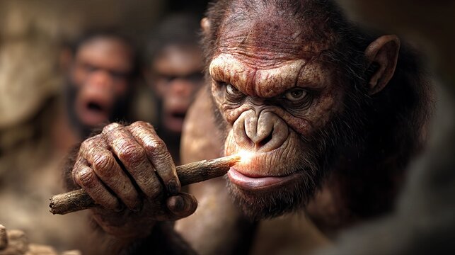 A close-up of a prehistoric ape-like creature using a stick to create fire, evoking a sense of early human ingenuity. - Powered by Adobe