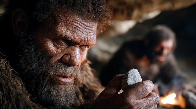 A focused male Neanderthal examines a stone tool in a cave setting, showcasing primitive survival skills.