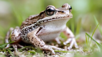 Obraz premium Close-up of a Brown Frog on a Green Grass Background