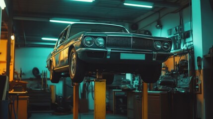 Fototapeta premium A classic car raised on a lift in a garage, illuminated by fluorescent lights.