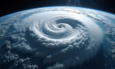 The image captures a massive hurricane with its spiraling clouds forming a distinct eye, hovering above the vast ocean as seen from space - Generative AI