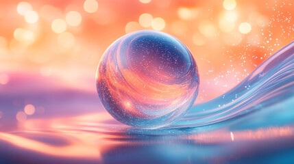transparent glass sphere with blue and purple lines reflecting light, symbolizing clarity, transformation, and innovation, surrounded by a futuristic aura of modern technology and abstract design
