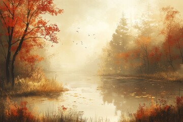 A serene autumnal scene with a river flowing through a misty forest. The leaves of the trees are turning red and orange, and the water is reflecting the golden light of the sun.