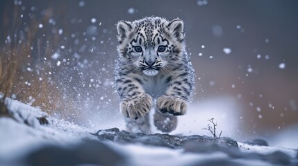 Snow Leopard Cub Running Through the Snow