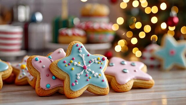 A row of decorated cookies with a blue star in the middle. The cookies are on a table with a Christmas tree in the background