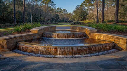 Serene water fountain in a tranquil landscape.