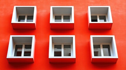 Obraz premium Six white windows on a red wall, symmetrical pattern.