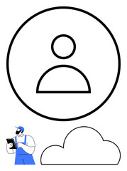 User profile icon inside a circle, cloud shape, and technician wearing blue overalls holding a tablet. Ideal for tech support, user management, networking, cloud computing, IT services, digital
