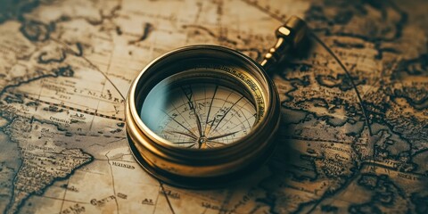A vintage compass resting on an old, antique map.