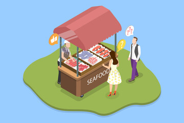 3D Isometric Flat Vector Illustration of Farmer Market, Display with Fresh Catch At Seafood Stall