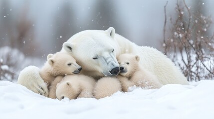 Naklejka premium Polar Bear Family Snuggling in the Snow