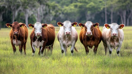Obraz premium Five Cows Strolling in a Lush Green Pasture