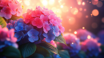 vibrant blue and pink hydrangea blooms surrounded by lush green leaves, capturing the beauty and vitality of nature in full bloom, evoking feelings of serenity and renewal