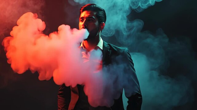 A man in a suit is smoking a cigarette in a dark room with red and blue lighting. Concept of sophistication and elegance, as the man is dressed in a suit and tie