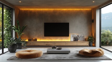 Modern living room with concrete wall, large TV, and comfortable seating.