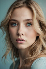 Naklejka premium Fresh, Modern Portrait of Blonde Woman with Soft Blue Eyes and Tousled Hair