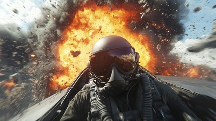 fighter pilot in the cockpit air combat in the background
