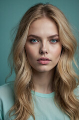 Naklejka premium Fresh, Modern Portrait of Blonde Woman with Soft Blue Eyes and Tousled Hair