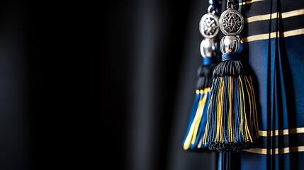 Close-up of graduation tassels showcasing blue and gold colors, symbolizing achievement.