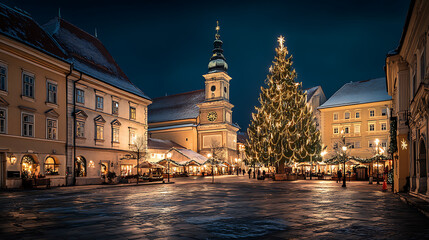 Fototapeta premium A historic town square illuminated by Christmas lights and a large holiday tree at the center, celebrating festive traditions 